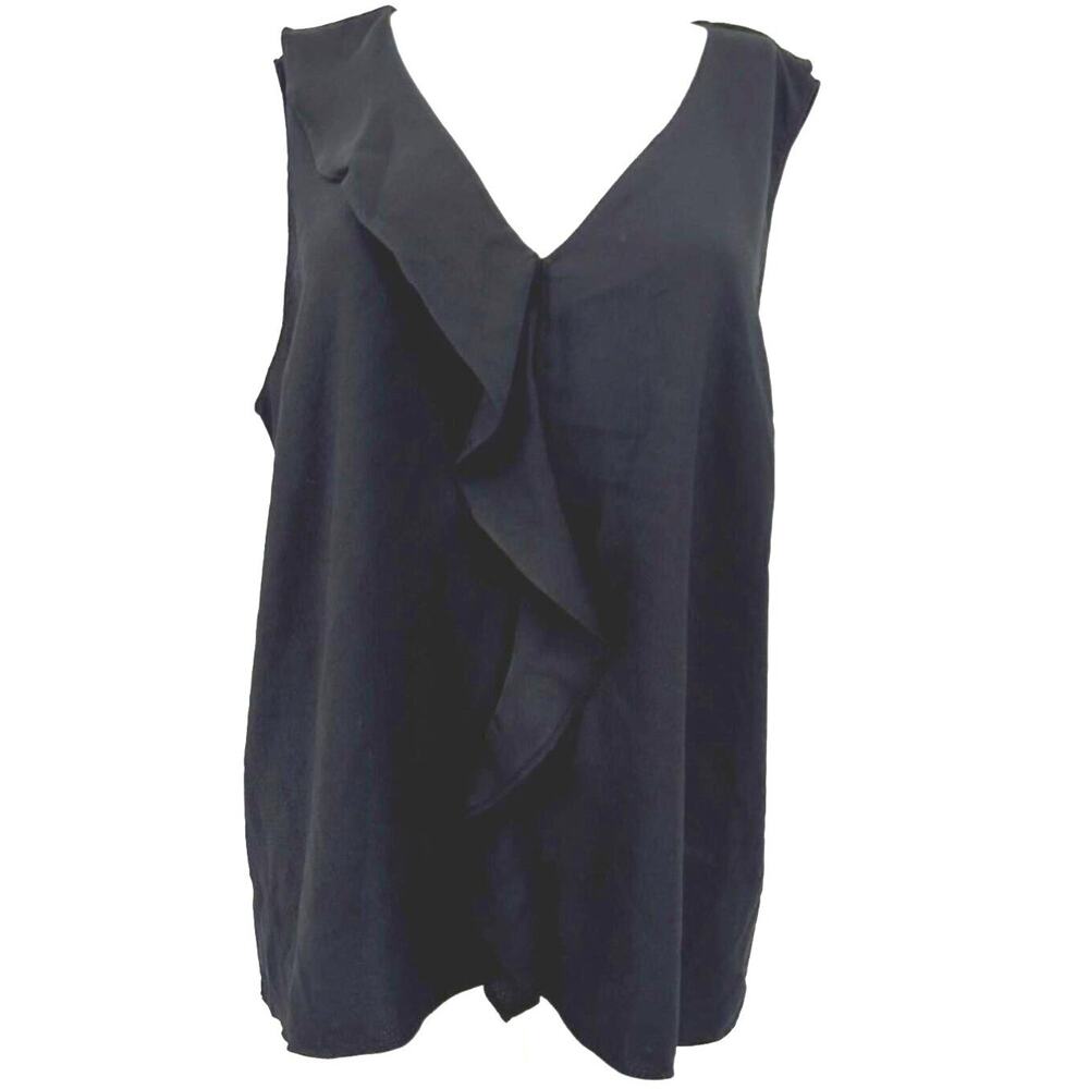 Halston Sleeveless V-Neck Ruffle Front Pullover Top Size Small in Black NWT
